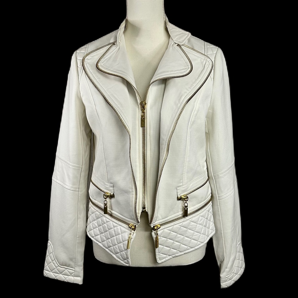 The‎ Fillmore Cropped Quilted Moto Jacket M Gold Zip Faux Leather Trim Baddie